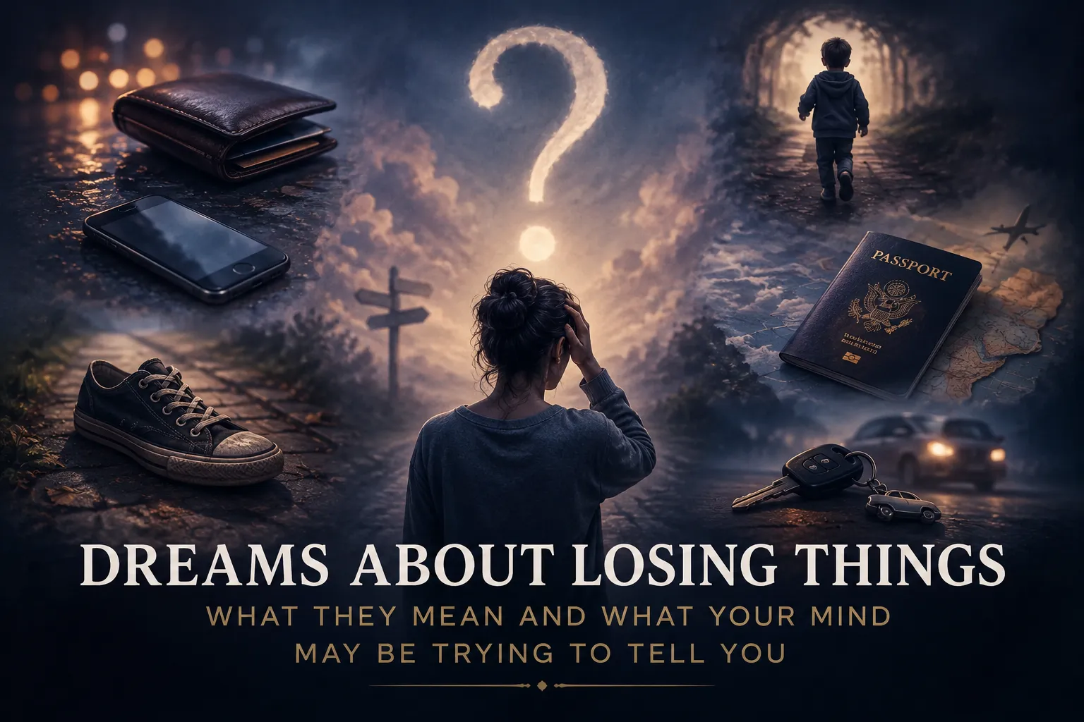 Dreamlike scene of lost items, a confused woman, and a glowing question mark symbolizing dreams about loss.