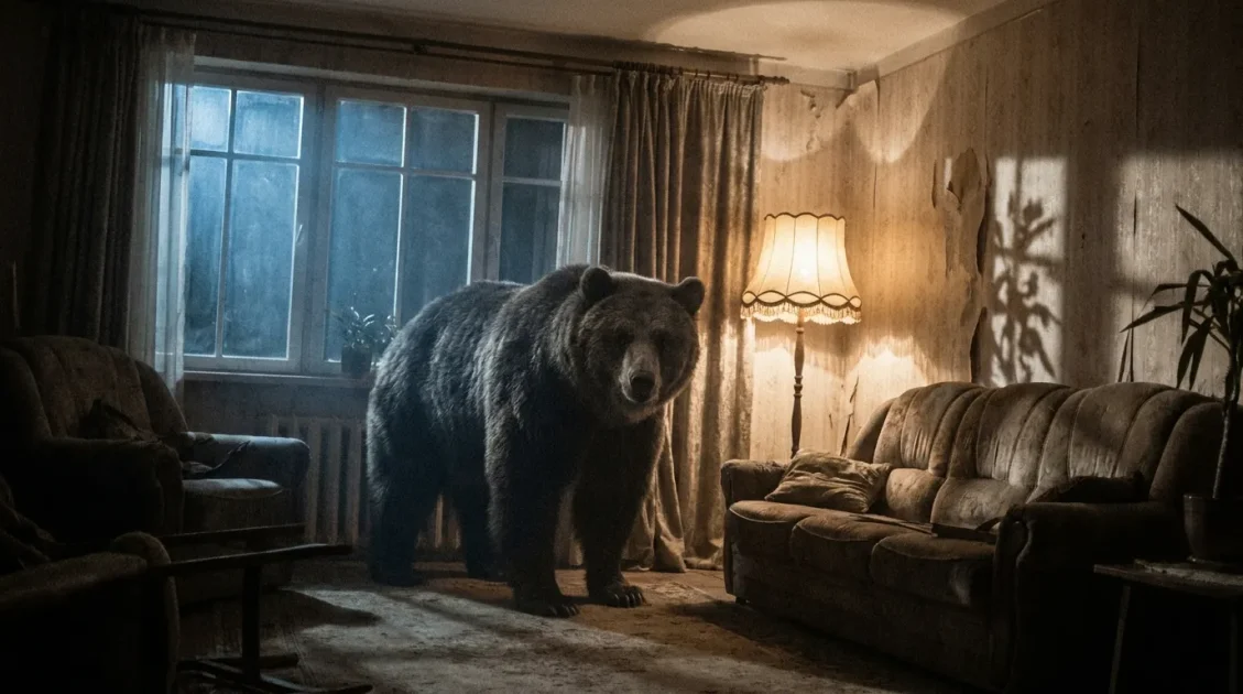 Large bear standing inside a dim living room under lamplight and moonlight