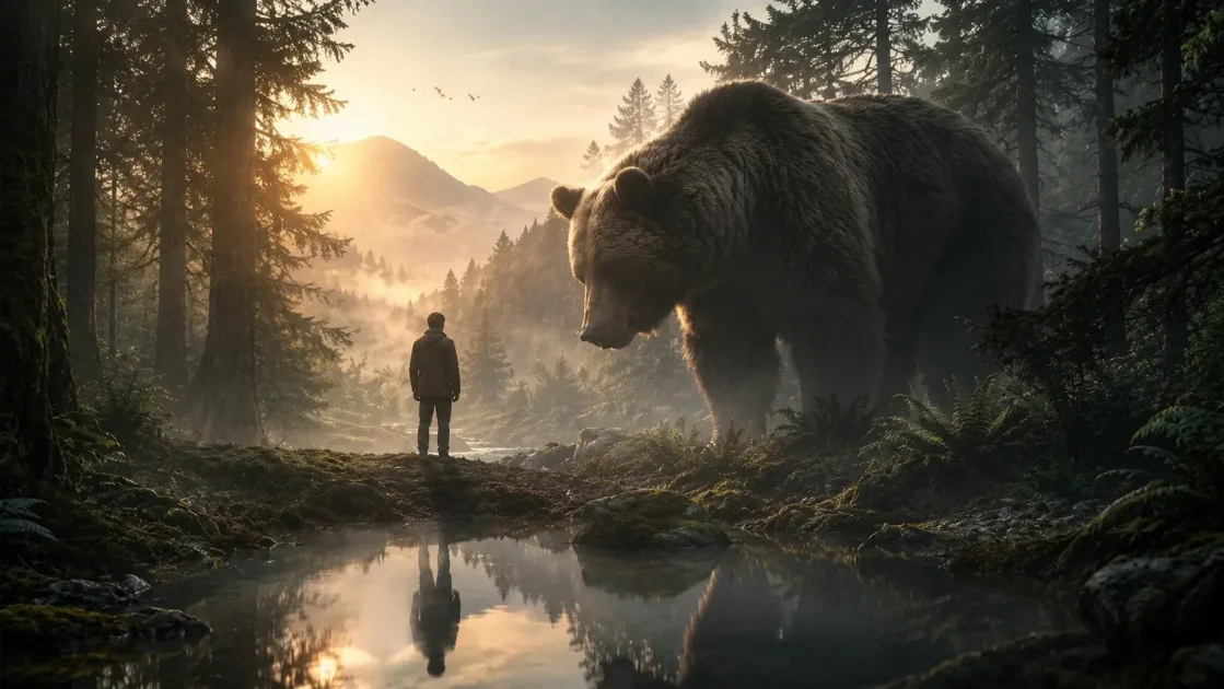 Lone dreamer facing a giant bear in a misty forest at sunrise, symbolizing bear dream meaning.
