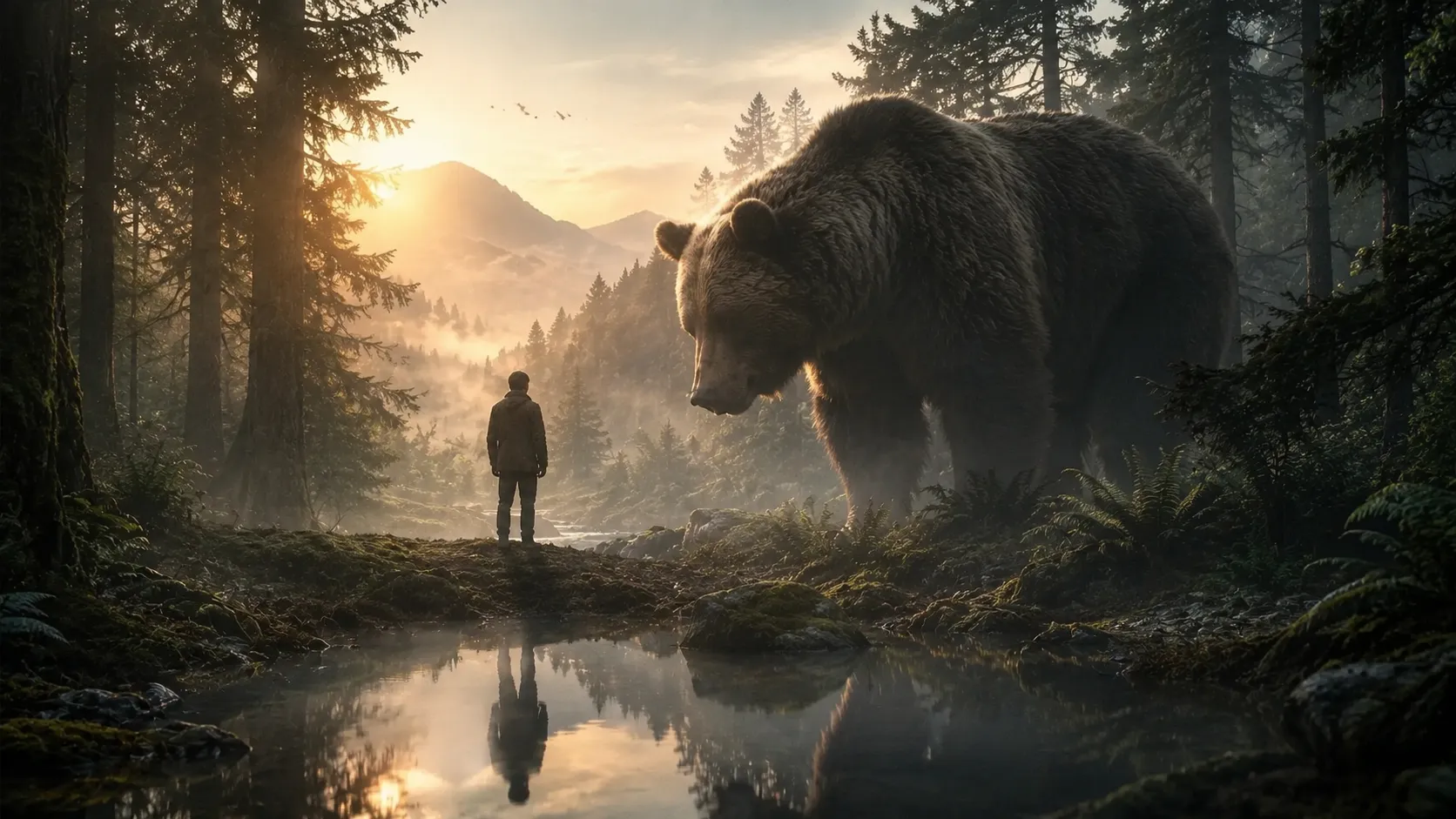Lone dreamer facing a giant bear in a misty forest at sunrise, symbolizing bear dream meaning.