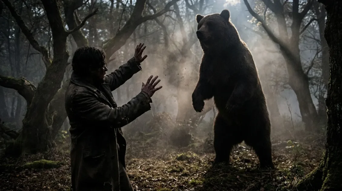 Man raising his hands before a towering bear in a dark, misty forest