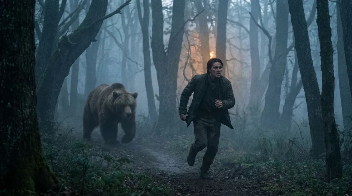 Man running through a foggy forest while a bear chases closely behind him