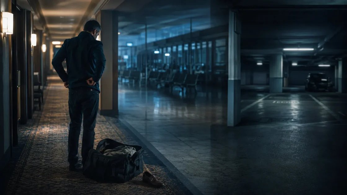 Man searches an open bag in a dreamlike hotel corridor merging with an airport and parking garage.