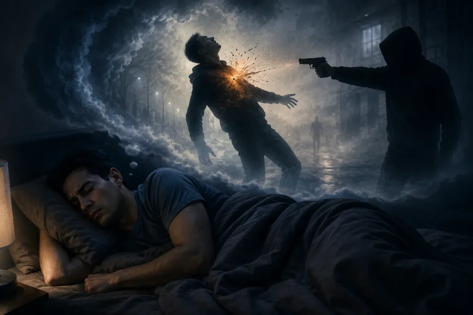 Man sleeping as a surreal dream shows a symbolic shooting, representing fear and inner wounds.