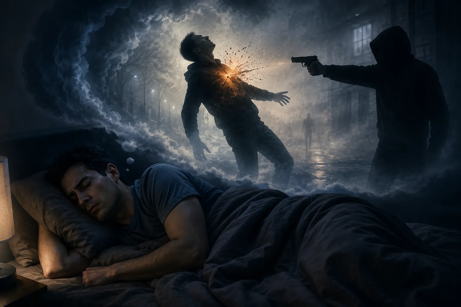 Man sleeping as a surreal dream shows a symbolic shooting, representing fear and inner wounds.