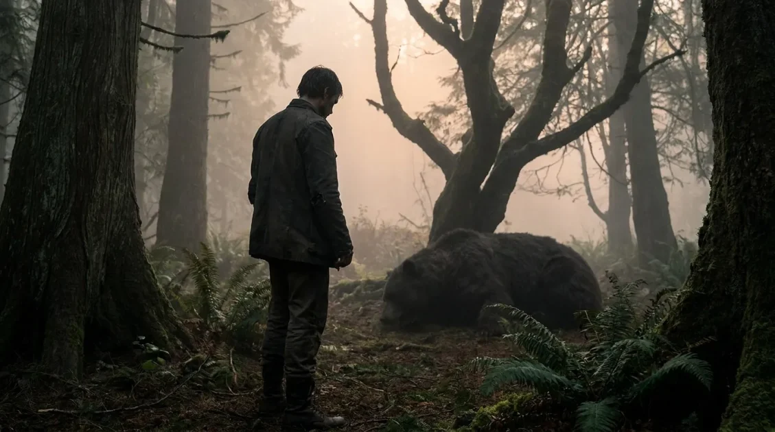 Man standing over a still bear in a foggy forest after a symbolic struggle
