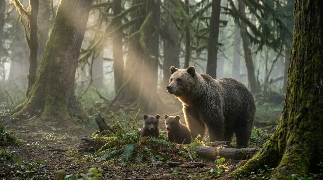 Mother bear guarding two cubs in a quiet forest clearing with soft sunlight