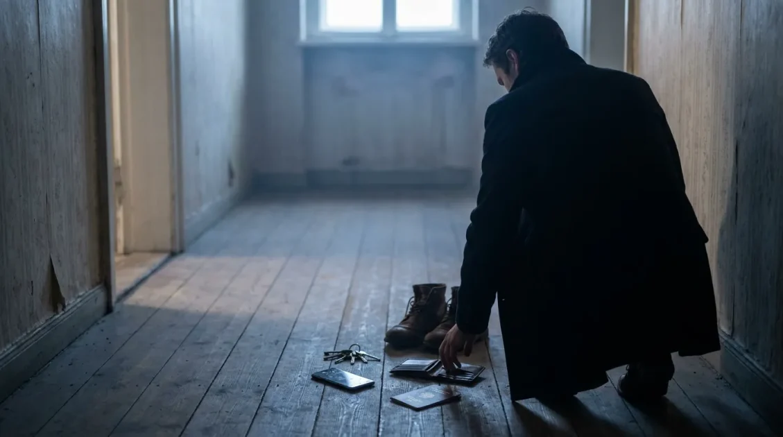 A man kneels in a dim hallway near lost personal items, symbolizing dreams about losing things.
