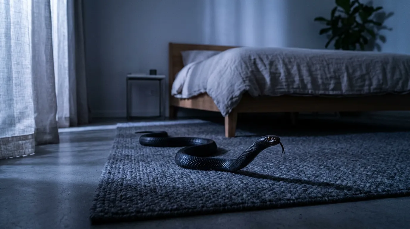 Realistic black snake on a bedroom floor at night, representing a dream of subconscious shadow work.