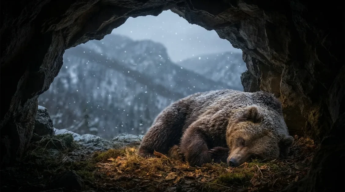 Sleeping bear inside a winter cave as snow falls beyond the entrance