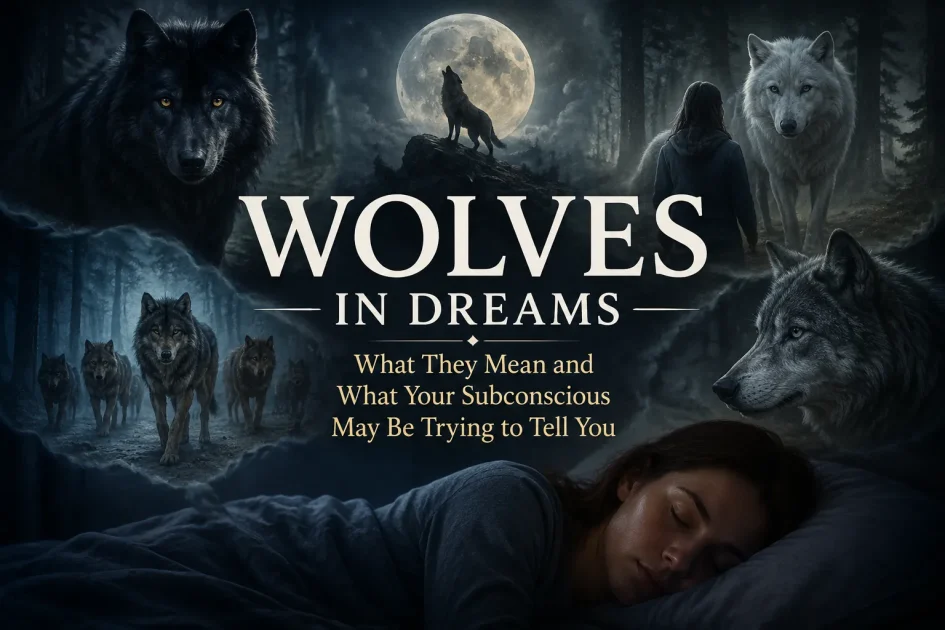 Sleeping woman in a moonlit forest with wolves, symbolizing mystery, instinct, and inner strength.
