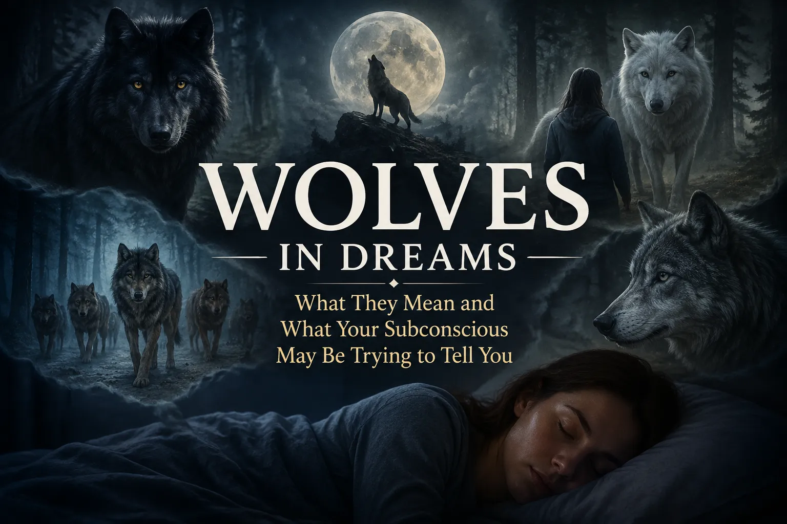 Sleeping woman in a moonlit forest with wolves, symbolizing mystery, instinct, and inner strength.