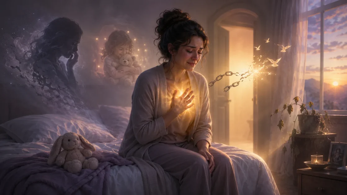 Woman crying on a bed as dream symbols show grief, inner child healing, and release.