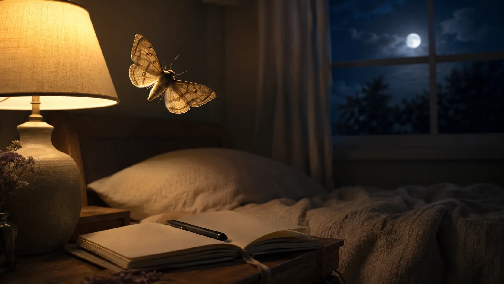 Realistic moth near a bedside lamp with an open dream journal and moonlit bedroom in the background.