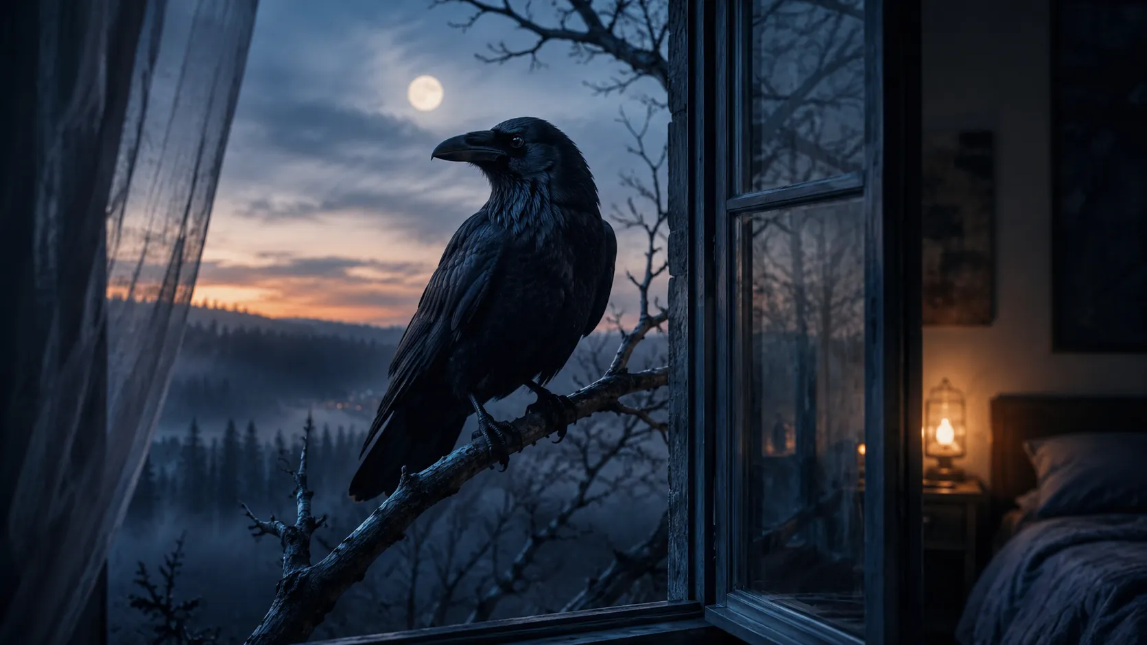 Black crow on a bare branch beside an open bedroom window under moonlight, evoking dream messages and mystery.