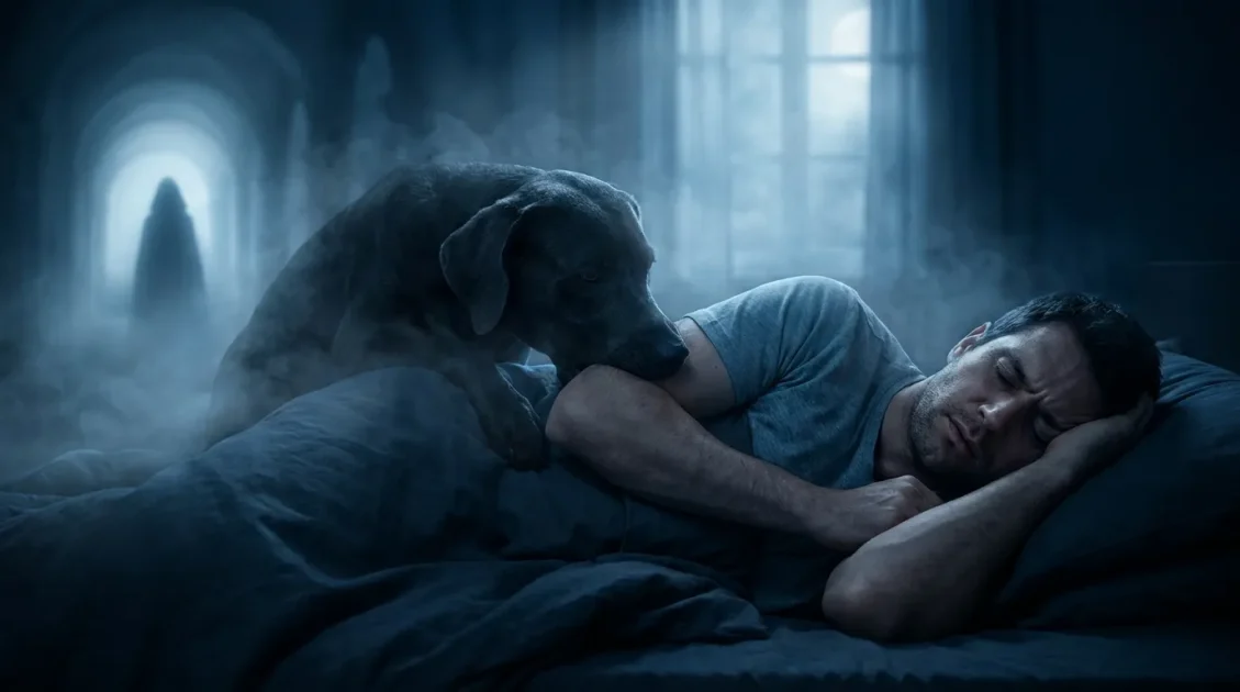 Man sleeping as a shadowy dog bites his arm in a dark spiritual dream scene