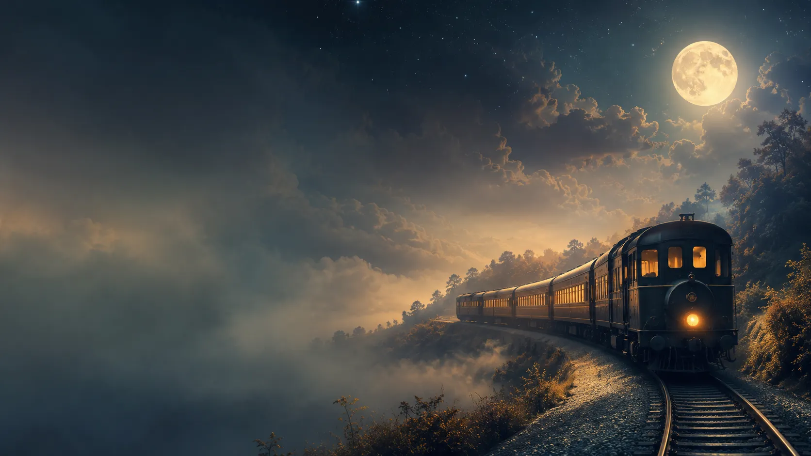 Moonlit train travels through misty hills, symbolizing dreams, timing, and a life direction path.