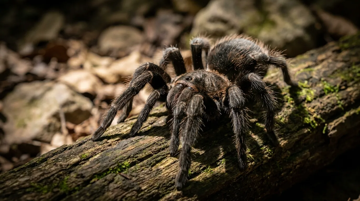Realistic tarantula crawling on mossy wood, symbolizing fear and hidden dream messages.