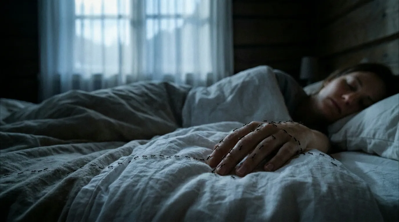 Sleeping woman in a dark bedroom as a trail of ants crawls across her hand and rumpled gray bedding.