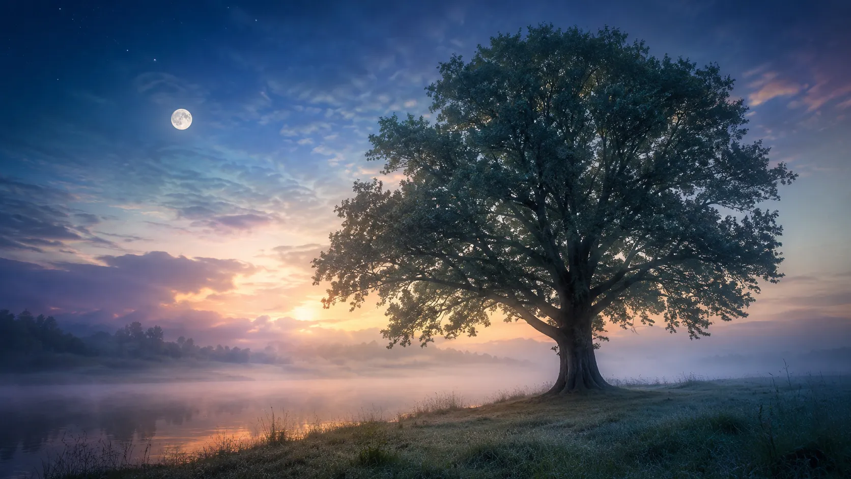Solitary tree by a misty lake under moonlight and dawn sky, symbolizing spiritual growth in a dream.
