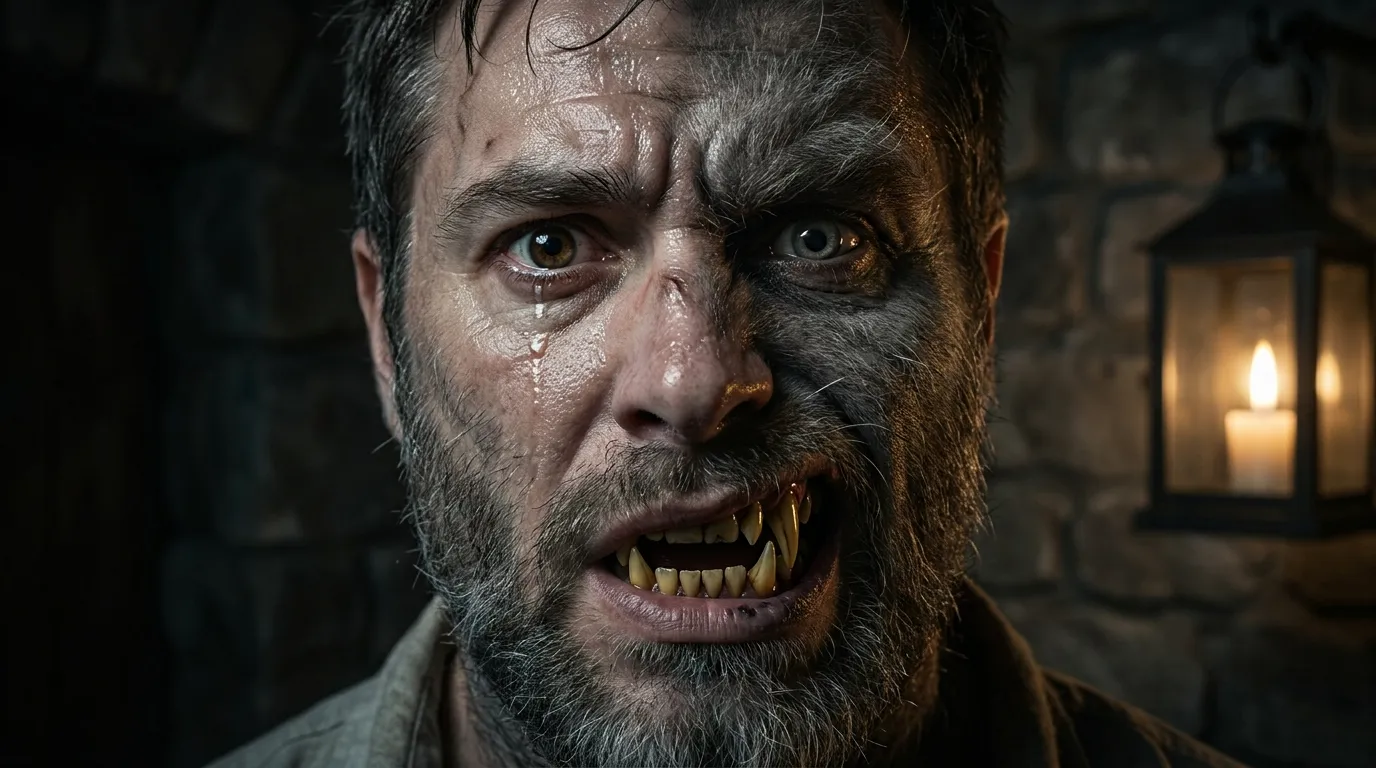 Terrified man with half-werewolf face and sharp fangs cries beside a glowing candle in darkness.