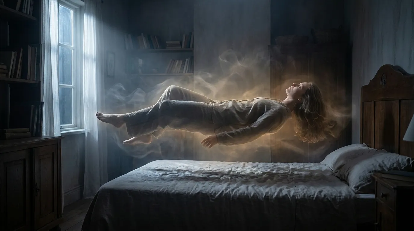 Woman floating above a bed in a moonlit room with soft spiritual glow and mist.