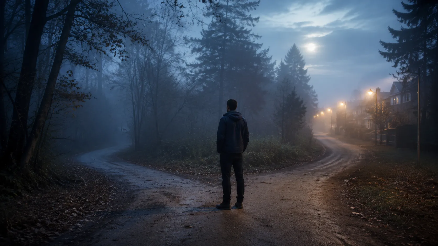 A lone man pauses at a foggy forked path between dark woods and a lit neighborhood, reflecting dreams of being lost while walking.