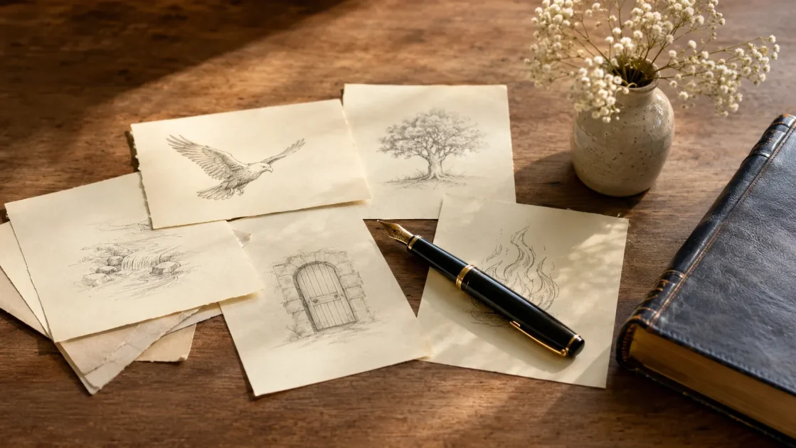 Biblical dream symbols sketched on notes beside a fountain pen, leather-bound Bible, and vase of white flowers.