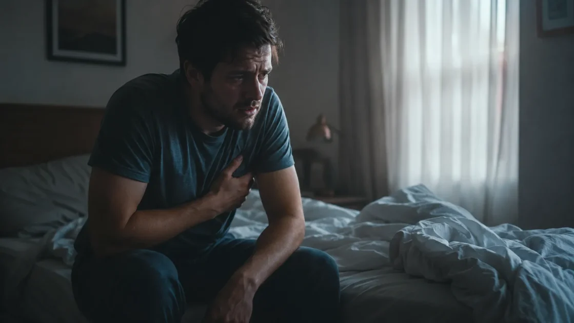 Distressed man sits on an unmade bed, holds his chest after waking from a vivid stabbing dream that felt painfully real.