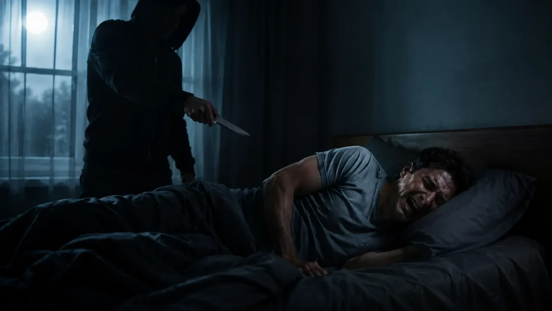Man recoils in bed as a shadowy knife-wielding figure looms nearby during one vivid nightmare filled with fear and pain.