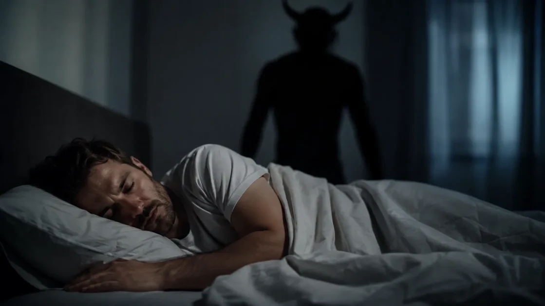 Sleeping man in a dim bedroom while a shadowy horned figure looms behind him, representing a frightening dream of demons at night.