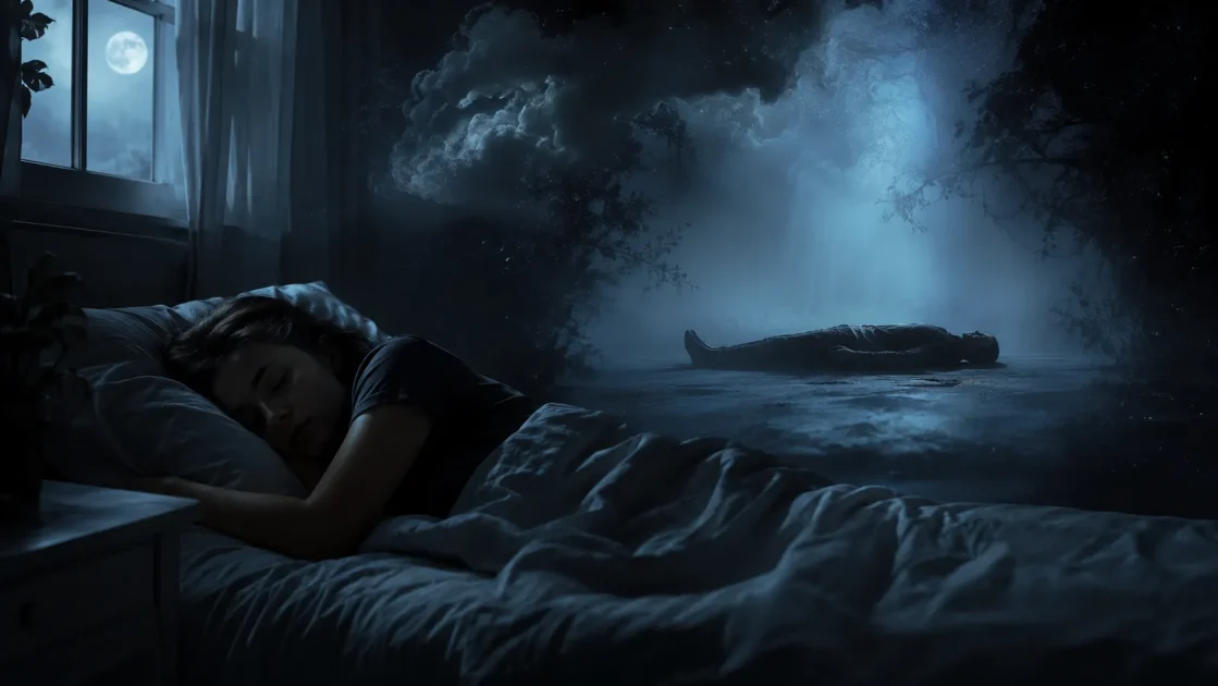 Sleeping woman dreams of an unknown body lying beneath moonlight in a dark, misty forest filled with eerie blue shadows.