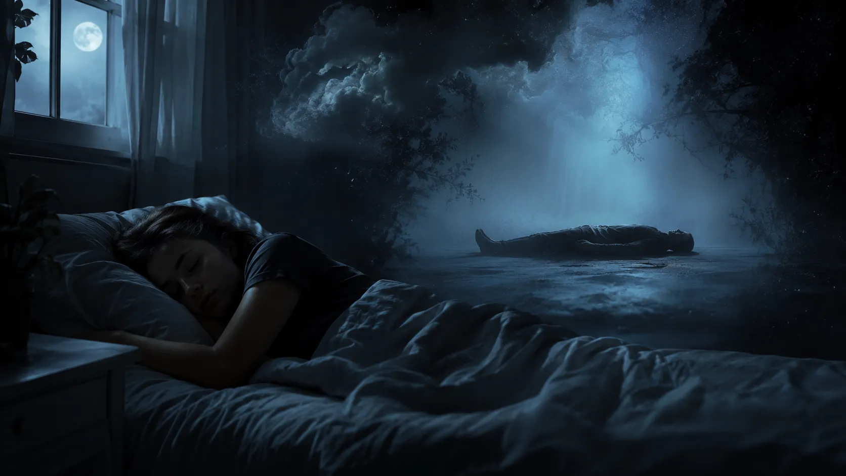 Sleeping woman dreams of an unknown body lying beneath moonlight in a dark, misty forest filled with eerie blue shadows.