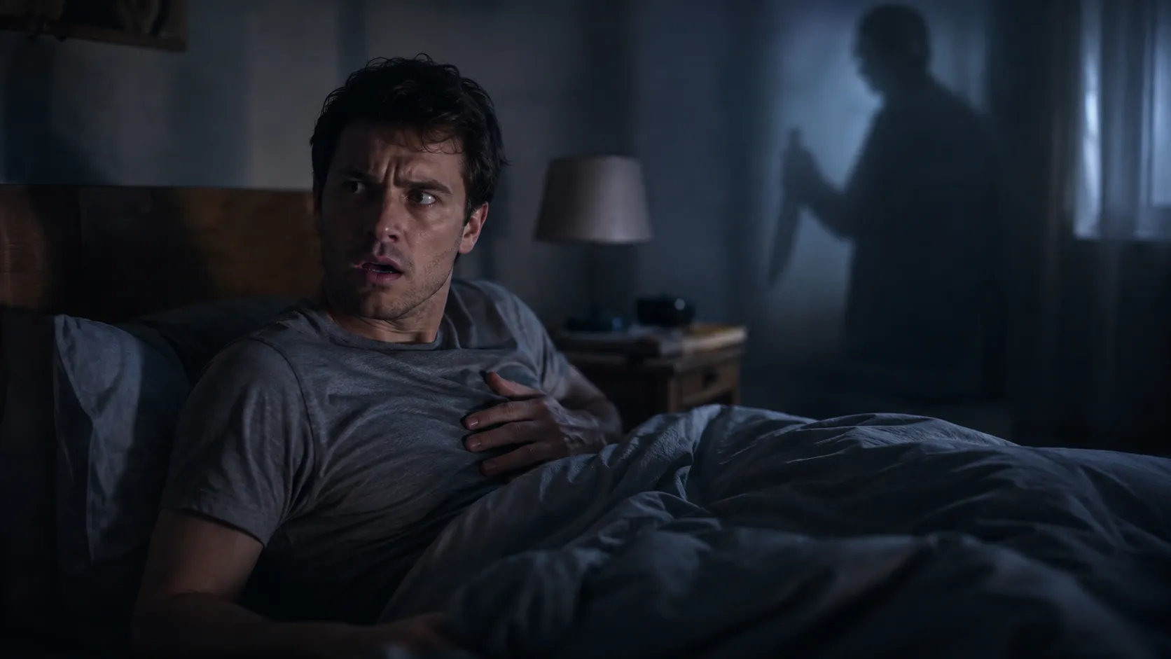 Startled man wakes from a dream of being stabbed but not dying as a shadowy attacker appears behind him.