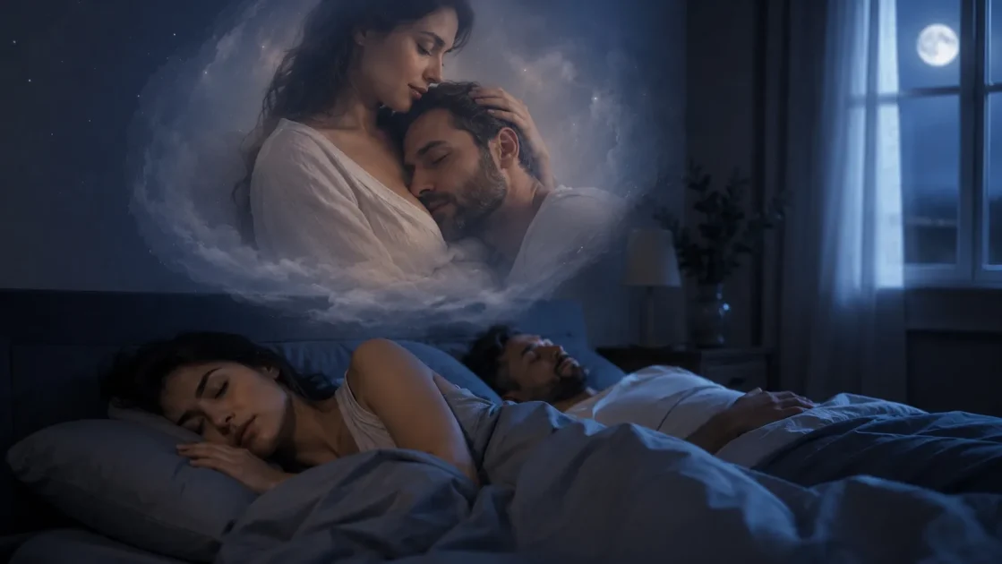 Woman dreams beside husband in a moonlit bedroom, showing tender emotional support and symbolic care in marriage.