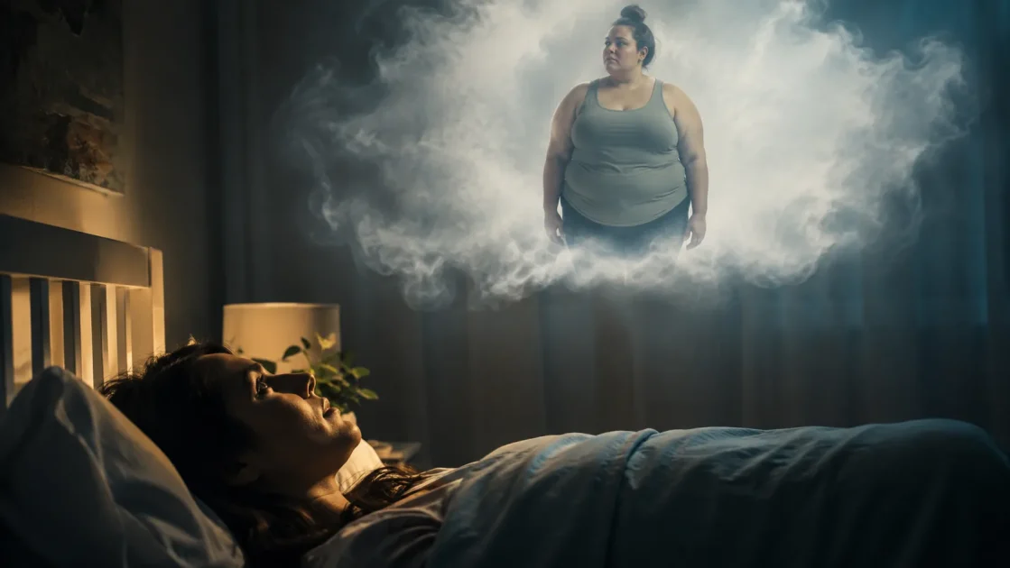 Woman lying awake in bed while dreaming of a larger version of herself standing within a cloud of mist.