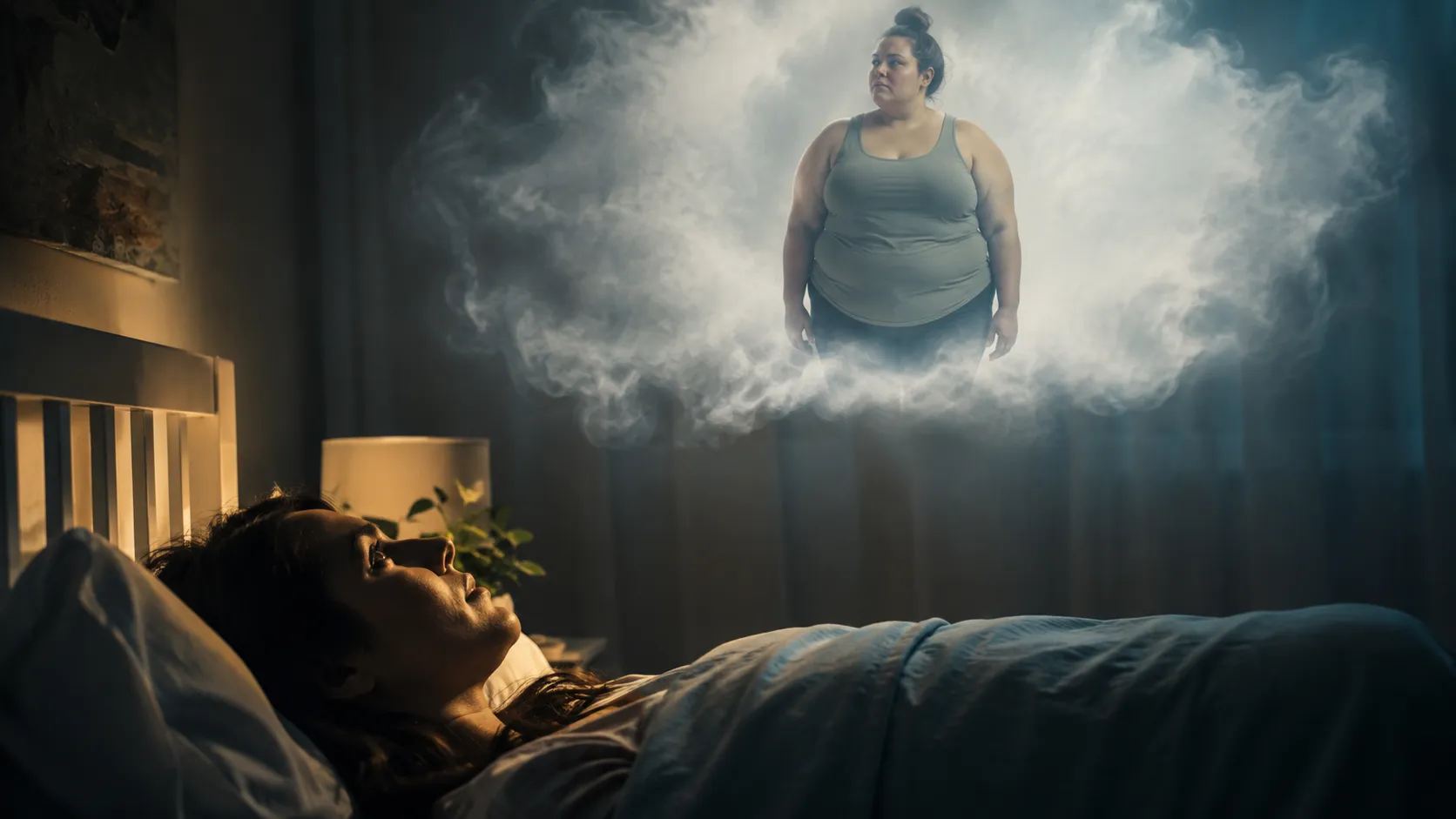 Woman lying awake in bed while dreaming of a larger version of herself standing within a cloud of mist.