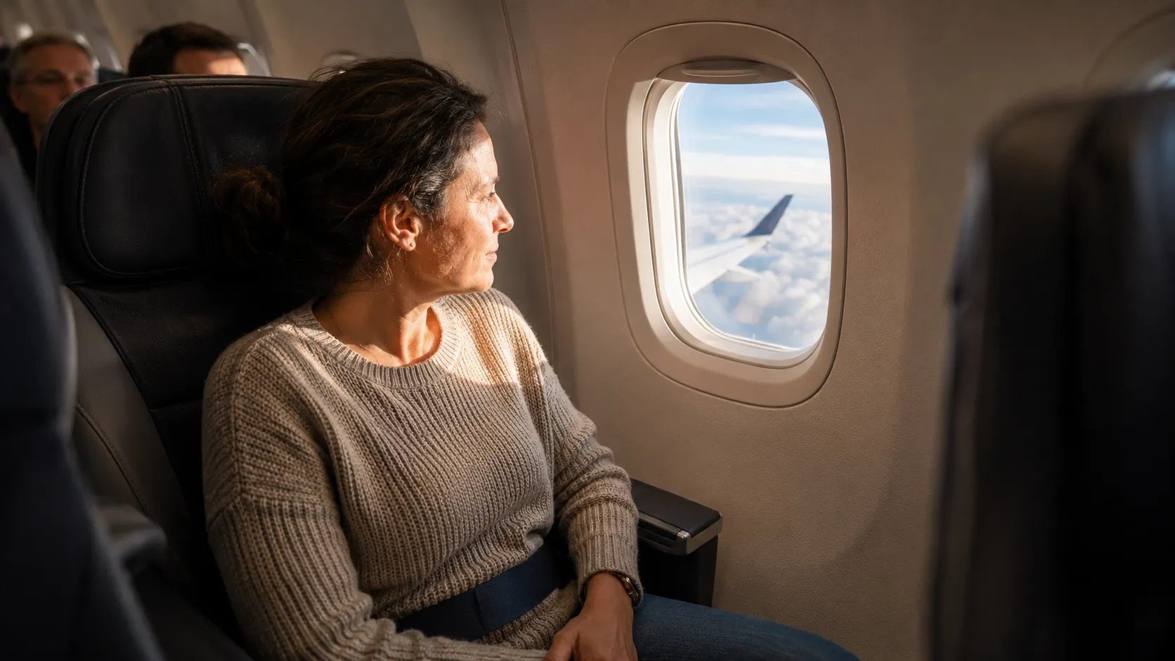 A woman seated beside an airplane window gazes at clouds, reflecting dreams of flying as a passenger, trust, and life's direction.