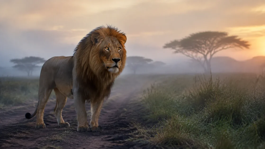 Realistic male lion on a misty savanna at sunrise, symbolizing power, fear, and courage in a vivid dream.