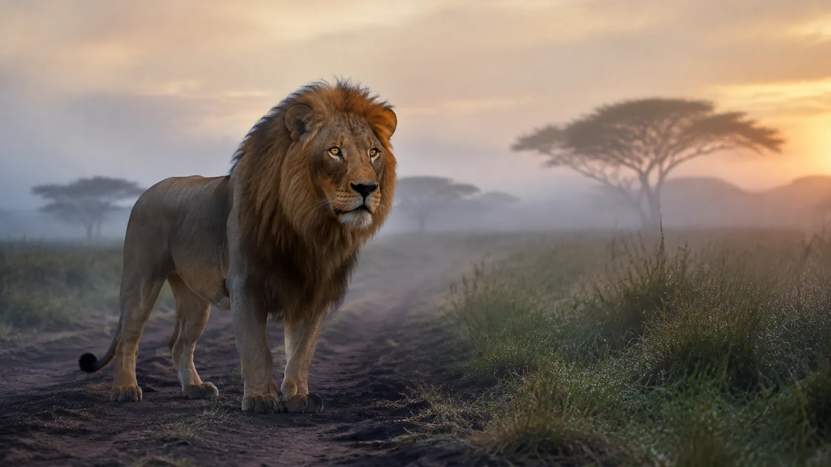 Realistic male lion on a misty savanna at sunrise, symbolizing power, fear, and courage in a vivid dream.