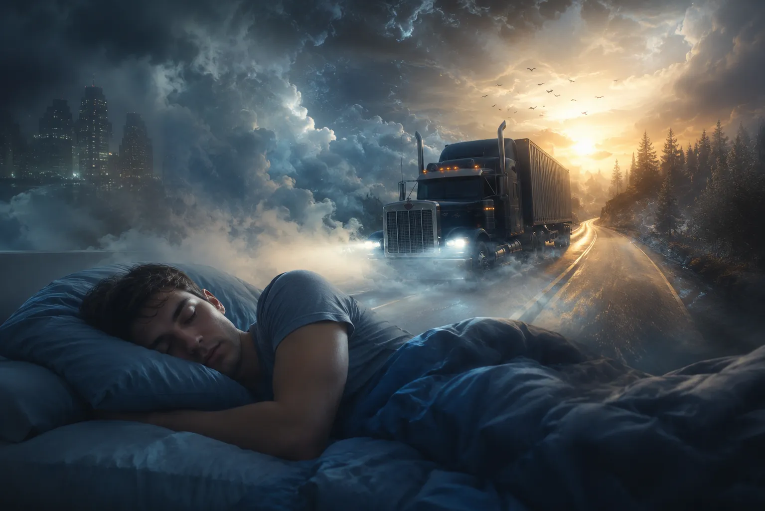 Sleeping man dreams of a semi truck driving through misty mountains beneath a glowing sunrise.