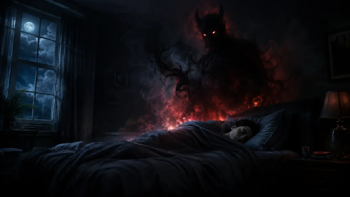 Sleeping person in a moonlit bedroom as a shadowy devil figure with glowing red eyes emerges from swirling dark smoke.