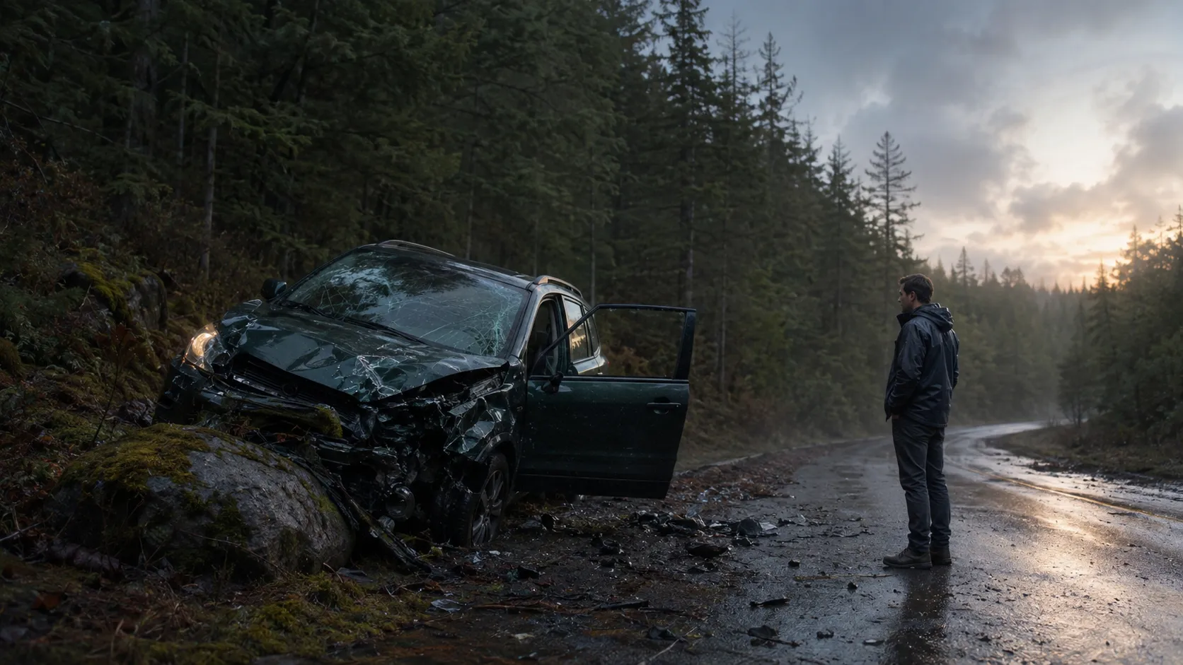 Uninjured man stands beside a wrecked SUV on the rainy forest road after surviving a serious early morning car accident.