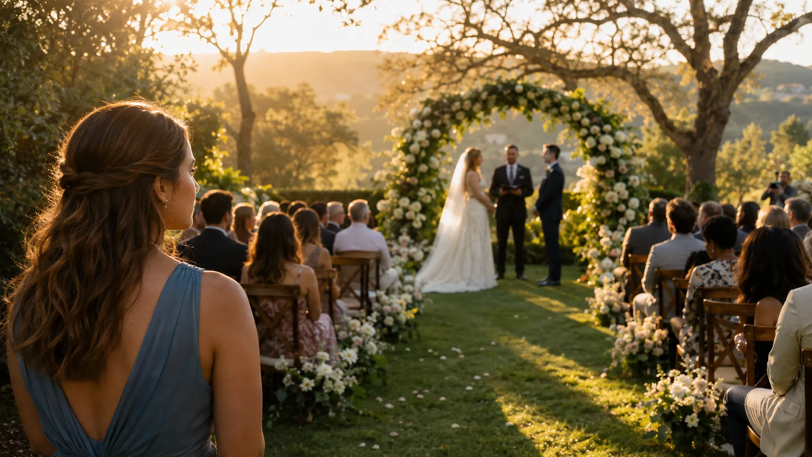 Woman attending a garden wedding at sunset, reflecting the spiritual meaning of wedding guest dreams