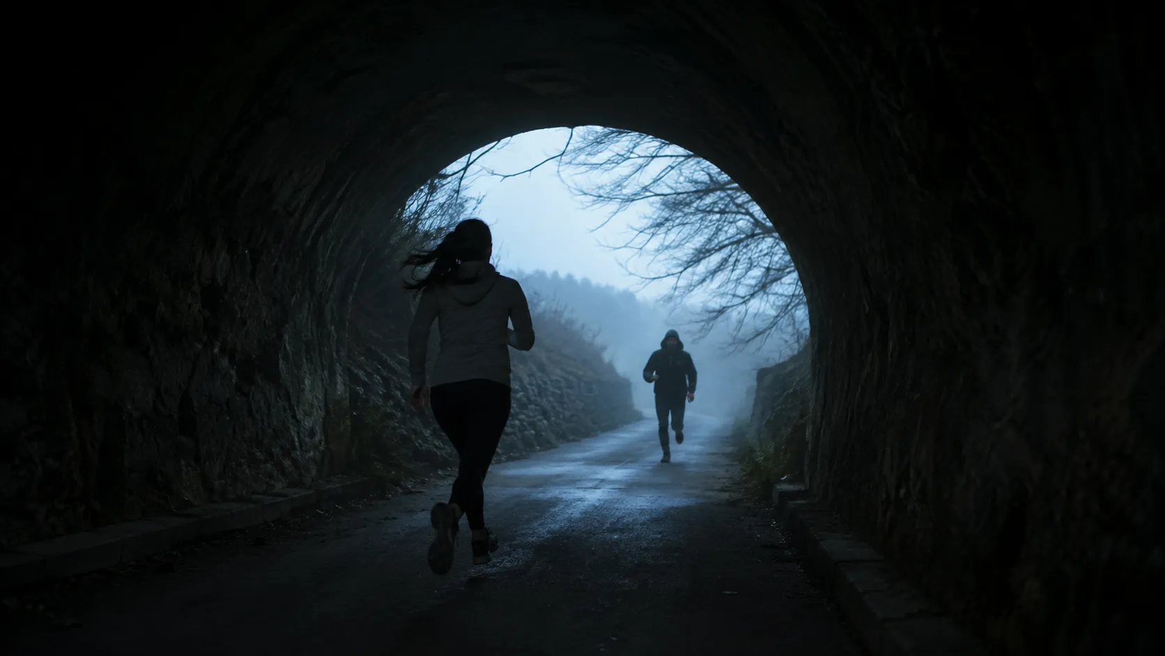 Woman runs through a dark tunnel as a hooded figure follows behind, creating a tense realistic scene of fear, pursuit, and escape.