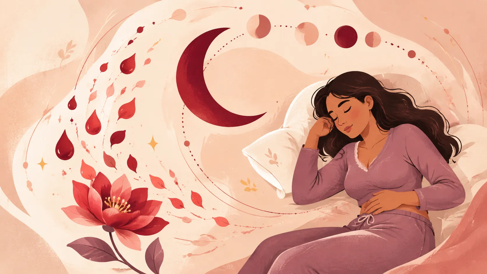 Woman sleeping beneath moon phases and red petals, symbolizing menstruation, dreams, and renewal.