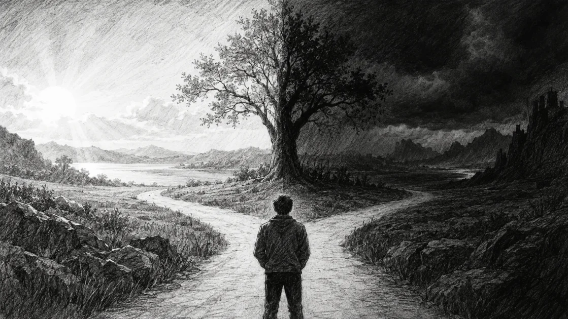 Black-and-white dream illustration of a person facing bright and dark paths beneath a divided sky.