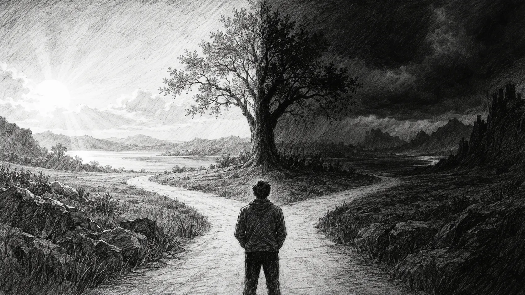 Black-and-white dream illustration of a person facing bright and dark paths beneath a divided sky.