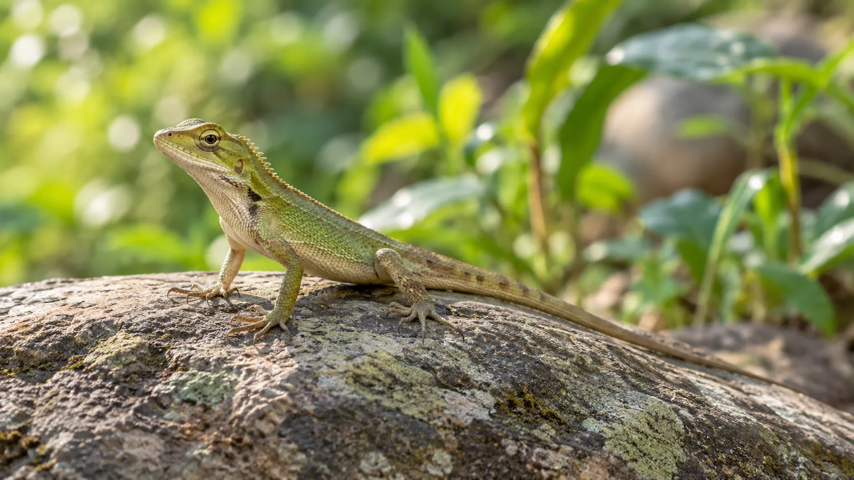 Green and brown lizard resting on a textured rock in sunlight, with blurred garden foliage behind it