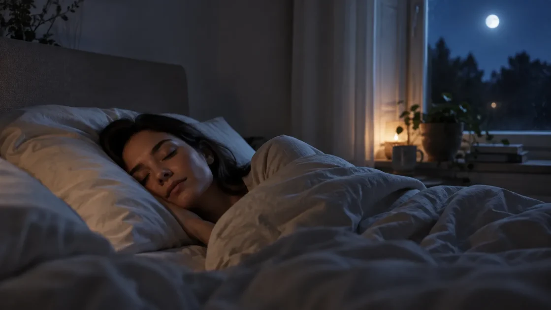 Woman sleeping peacefully beside a moonlit window in a quiet bedroom at night.